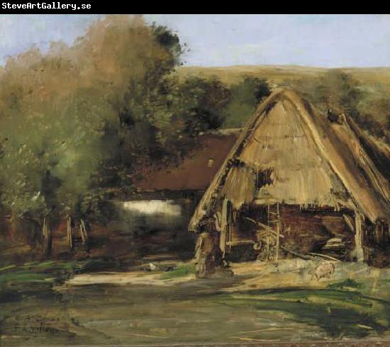 Antoine Vollon Een schuur in een landschap met bomen.